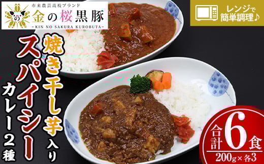 《レンジ対応》金の桜黒豚スパイシーカレーと焼き干し芋入りカレー(200g×各3袋) カレー レトルト レトルトカレー 豚肉 黒豚 干し芋 干しいも 惣菜 レンジ レンチン 簡単調理 時短 お手軽 ギフト 贈答用【エーエフ企画】【A-1776H】