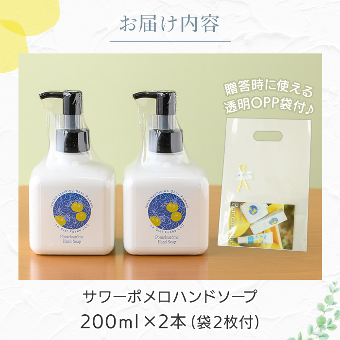 サワーポメロハンドソープ (200ml×2本) いちき串木野市 ルシエルフュゼ サワーポメロ 柑橘 大橘 みかん ハンドソープ 手洗い 液体せっけん 泡 衛生 洗浄 ハンドケア 肌 香り アロマ 精油 エッセンシャルオイル【LeCiel+b2-cafe】【B-412H】