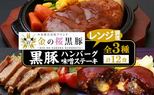 鹿児島県産黒豚使用！煮込みハンバーグ2種とステーキセット(合計12個・全3種各4個) 豚 豚肉 肉 鹿児島 国産 黒豚 調理済 レンジ 時短 調理 ステーキ ハンバーグ 惣菜 チーズ チーズインハンバーグ【エーエフ企画】【エーエフ企画】【B-171H】