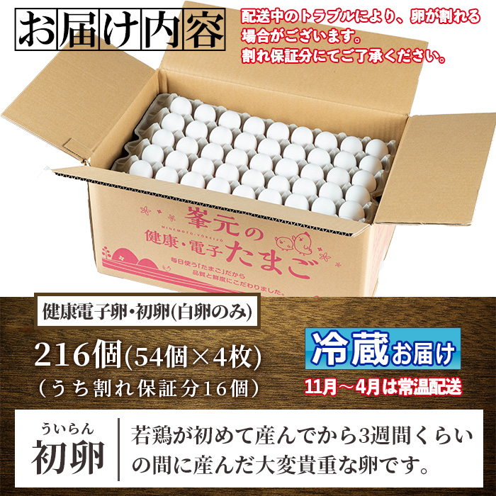 鹿児島県産！健康電子卵 初卵・白(計216個・54個入り×4枚) 国産 九州産 たまご タマゴ 玉子 生たまご 若鶏 若鳥 新鮮 鶏卵 小玉 パック 朝ごはん 卵かけごはん TKG おかず 卵焼き 割れ保障 安心 安全【峯元養鶏】【A-1828H】
