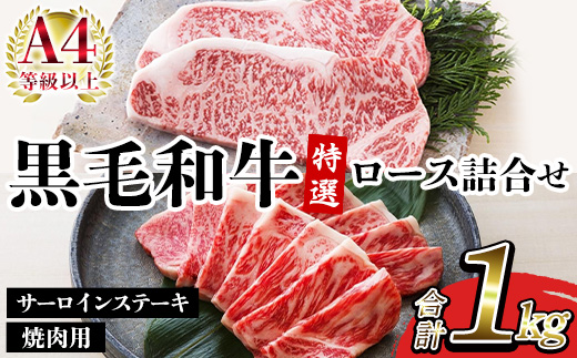 鹿児島県産黒毛和牛 ＜A4等級以上＞サーロインステーキ・特選ロース焼肉用 (2種・合計1kg) 牛肉 肉 黒毛和牛 国産 国産牛 九州 鹿児島 鹿児島県産 サーロイン ステーキ ロース ロース肉 焼肉 焼き肉 A4等級以上 冷凍 ギフト【バクロ】【00-030-36】