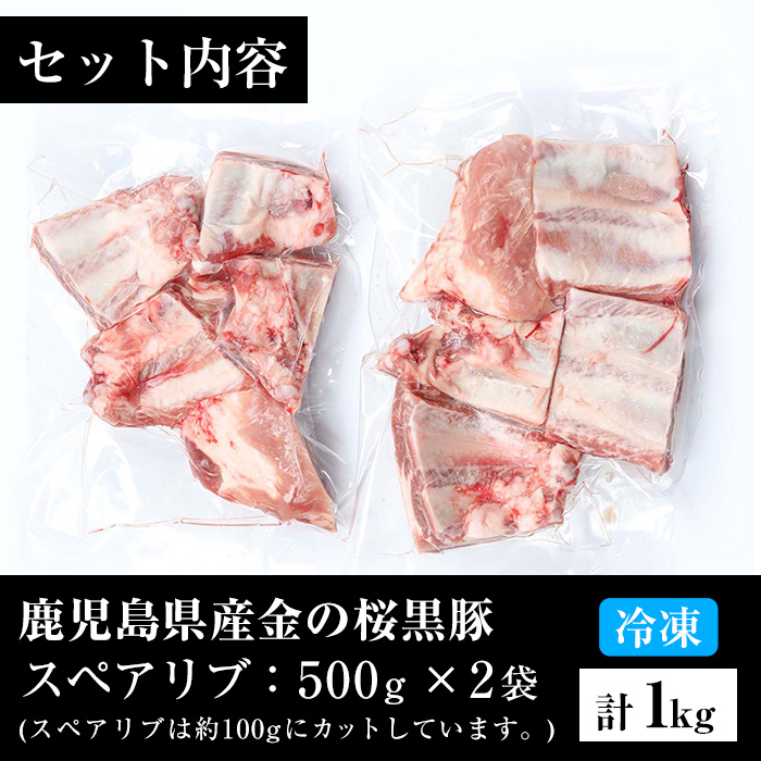 ＜数量限定＞市来農芸高校産 黒豚スペアリブ(計1kg・500g×2袋)地元の高校生が育てた金の桜黒豚を使用！鹿児島県産豚肉をご自宅で！【エーエフ企画】【00-057-13】