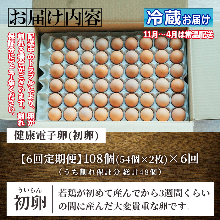 ≪定期便・全6回≫鹿児島県産！健康電子卵・初卵(赤卵のみ)(計648個・54個×2枚×6回) 国産 九州産 たまご タマゴ 玉子 生たまご 若鶏 若鳥 新鮮 鶏卵 赤卵 常温 定期 連続 小玉 パック 朝ごはん おかず 卵焼き 割れ保障 安心 安全【峯元養鶏】【E-116H】