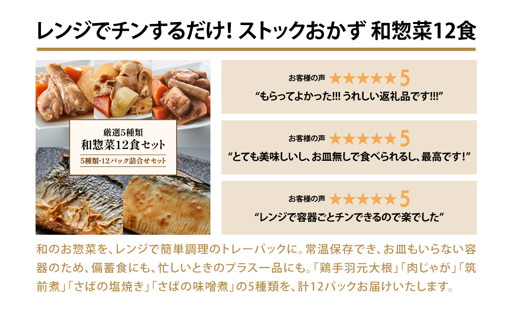 【 レンジでチンするだけ！ 】 ストックおかず 和惣菜12食 肉じゃが 鶏手羽元大根 筑前煮 さばの塩焼き さばの味噌煮 詰め合わせ セット 常温保存 惣菜 常温 おかず レトルト YSフーズ 鹿児島 南さつま市