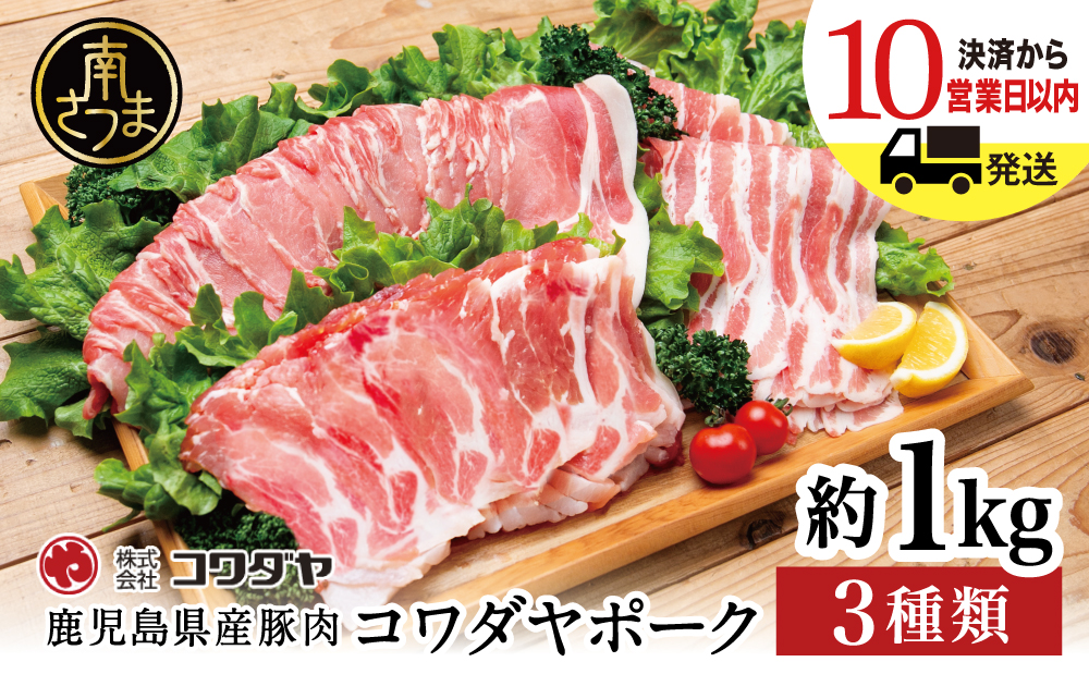 鹿児島産 豚肉3種 約1kg（バラ／肩ロースしゃぶしゃぶ／ロース生姜焼き）国産 鹿児島県産 豚肉 豚しゃぶ しゃぶしゃぶ すき焼き ロース スライス うす切り肉 薄切り お取り寄せ かごしま グルメ 鍋 鹿児島県 南さつま市 株式会社コワダヤ