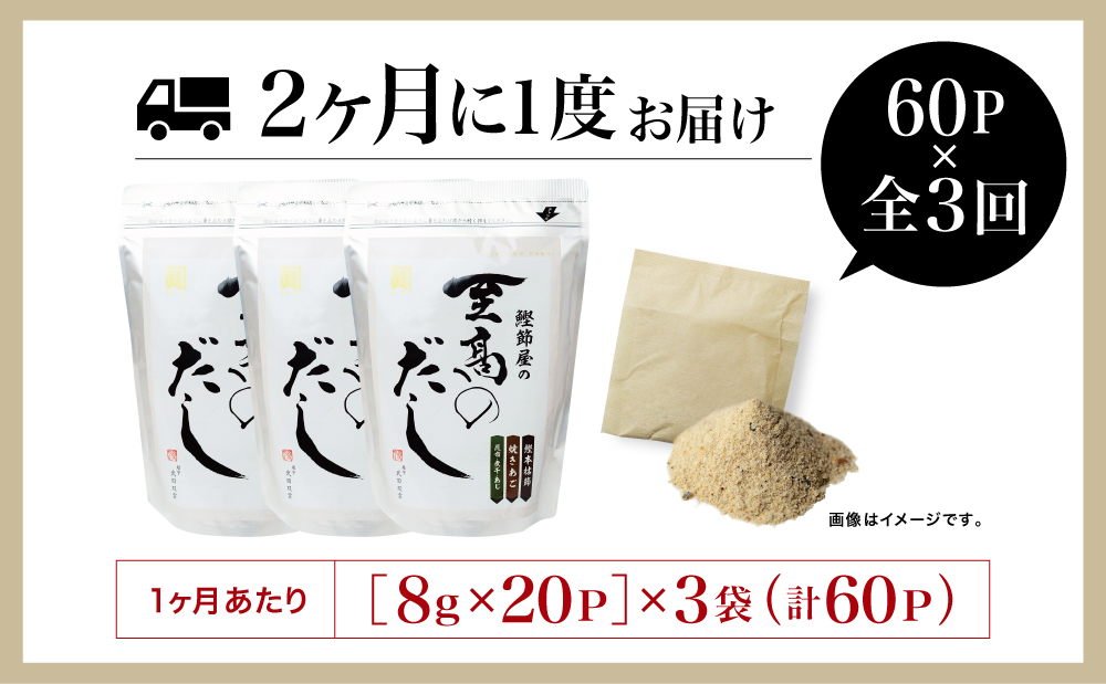 【生活応援返礼品】鰹節屋の至高のだし 60P×全3回 定期配送～2ヶ月に1度お届け 定期便 本格だし かつおだし 鍋 スープ サザンフーズ 南さつま市