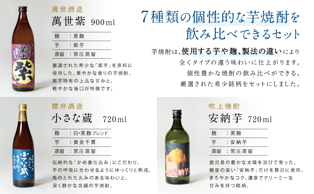 【本格芋焼酎】希少銘柄厳選 飲み比べ 7種（7本）  焼酎杜氏発祥 鹿児島 黒瀬杜氏 阿多杜氏 焼酎 芋焼酎 25% 飲み比べ ロック 水割り お湯割り ハイボール コク フルーティ 麹 さつまいも 安納芋 お酒 希少 限定 南さつま市