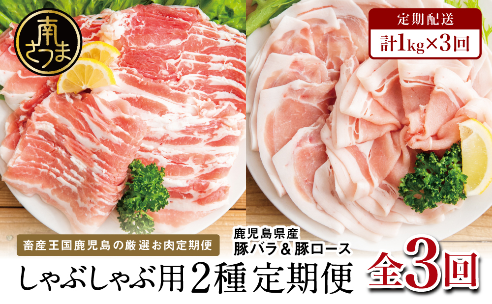 【定期便 全3回】カミチクのしゃぶしゃぶ用 豚肉 2種類 計1kg×3回 ～鹿児島県産 ロース ＆ バラ 合計3kg 豚肉 ローススライス バラスライス 豚バラ しゃぶしゃぶ グルメ 小分け 冷凍 カミチク 南さつま市