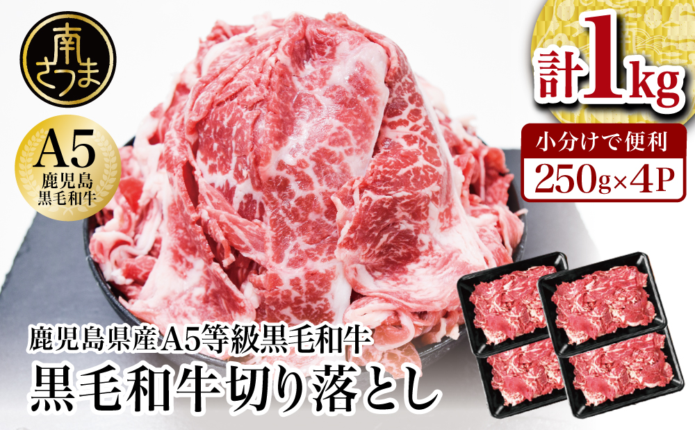 【鹿児島県産】A5等級黒毛和牛切落し 計1kg（250g×4P） 国産牛 牛肉 国産 おかず カレー 牛丼 肉じゃが カミチク 切り落とし 小分けパック 冷凍 南さつま市