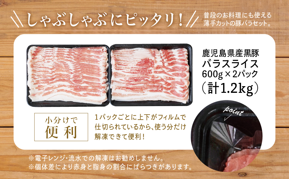 【鹿児島県産】黒豚 バラスライス 1.2kg（600g×2） 豚肉 豚バラ肉 豚バラ 生姜焼き 焼肉 しゃぶしゃぶ 冷凍 スターゼン 南さつま市
