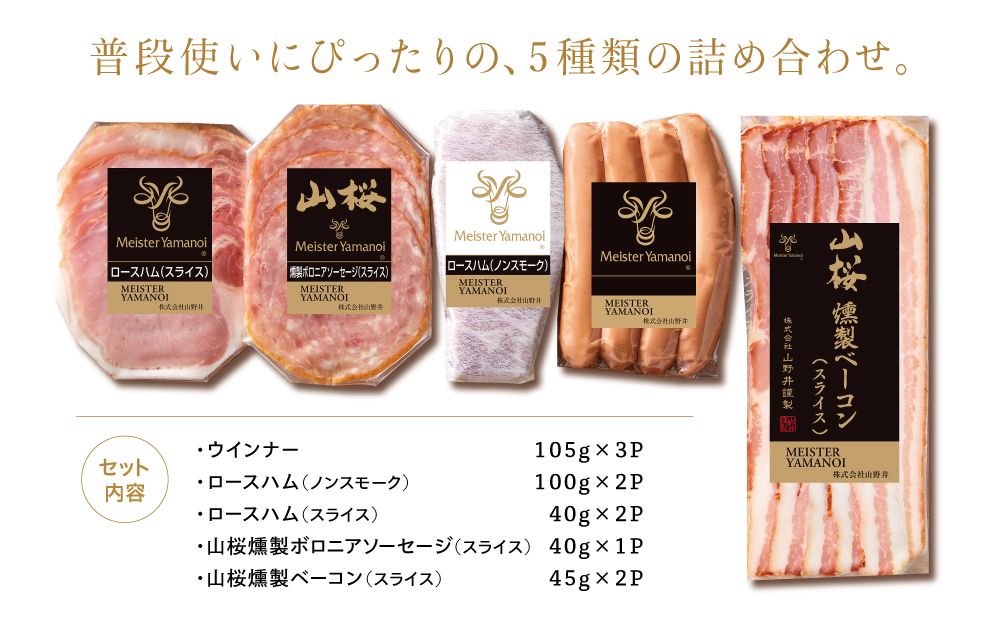 【マイスター山野井】ハム ソーセージ 5種 詰合せ 計10P ウインナー ベーコン ハム スライス お取り寄せ 肉 豚肉 詰め合わせ 詰合せ セット ご当地 鹿児島 グルメ ギフト 贈答 冷蔵 南さつま市