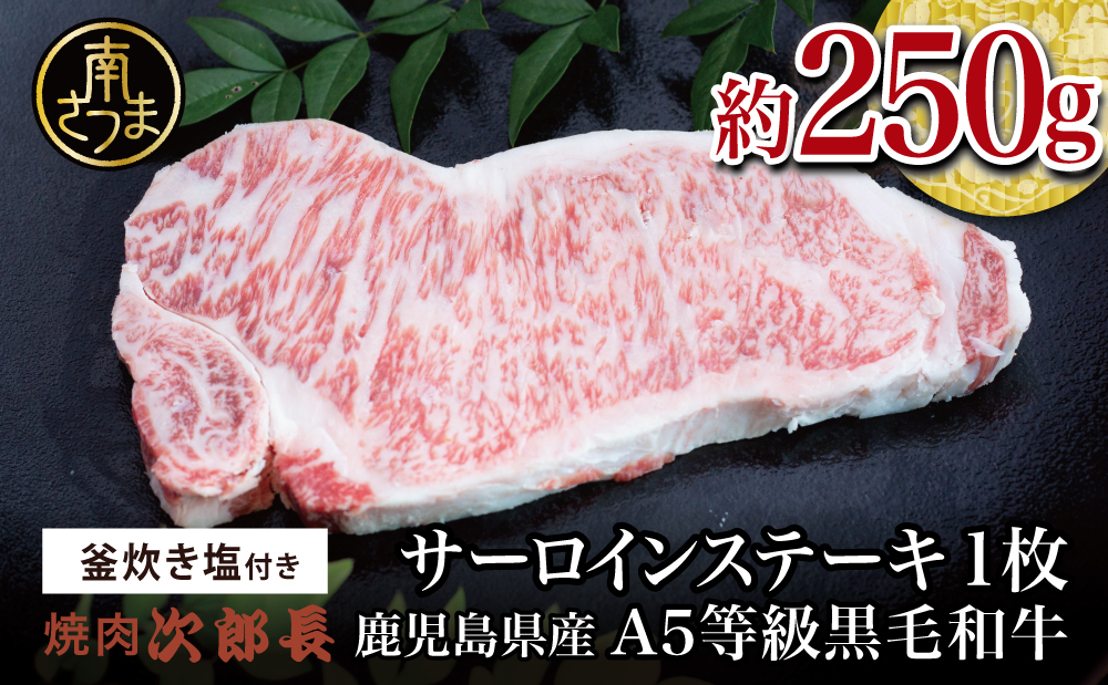 【鹿児島県産】黒毛和牛専門店 焼肉次郎長 A5等級 サーロインステーキ 贅沢サイズ 1人前 約250g 釜炊き塩付き 牛肉 お肉 BBQ 焼肉 ステーキ サーロイン A5ランク 冷凍 釜炊き塩 坊津の華