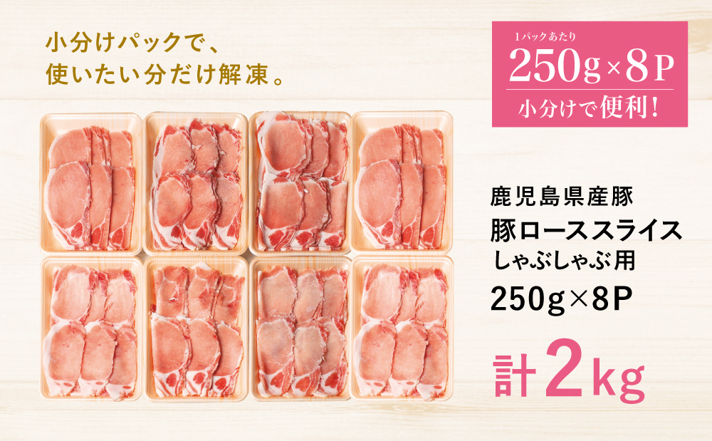 【鹿児島県産】 豚ロース しゃぶしゃぶ用 計2kg（小分け250g×8パック）お肉 お鍋 小分けパック しゃぶしゃぶ肉 豚しゃぶ 豚肉 豚 国産豚 冷凍 ロース スライス カミチク 南さつま市
