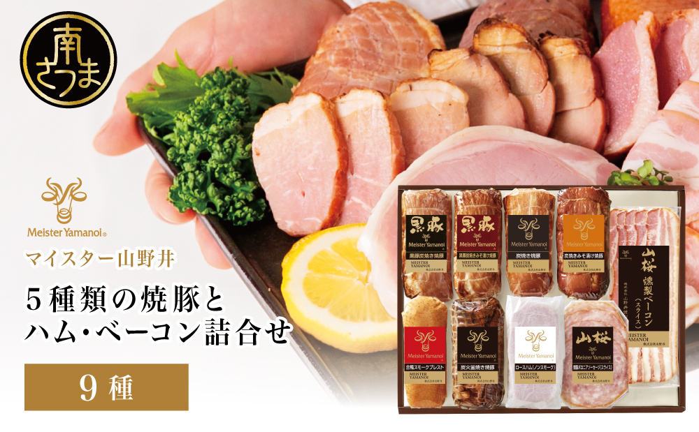 【マイスター山野井】5種類の焼豚とハム・ベーコン詰め合わせ（9種） チャーシュー ハム 焼き豚 ロースハム 合鴨 みそ漬け ハムギフト グルメ 惣菜 おかず ギフトセット 詰合せ アソート プレゼント 内祝い 贈り物 贈答用 化粧箱入り 南さつま市