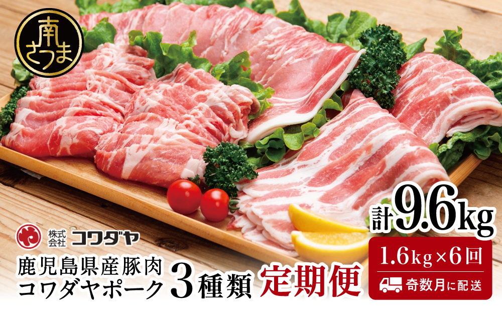 【定期便：全6回】鹿児島産 豚肉3種類セット 1.6kg×6回（合計9.6kg） 国産 鹿児島県産 豚肉 お取り寄せ かごしま グルメ 鍋 送料無料 鹿児島県 南さつま市 株式会社コワダヤ