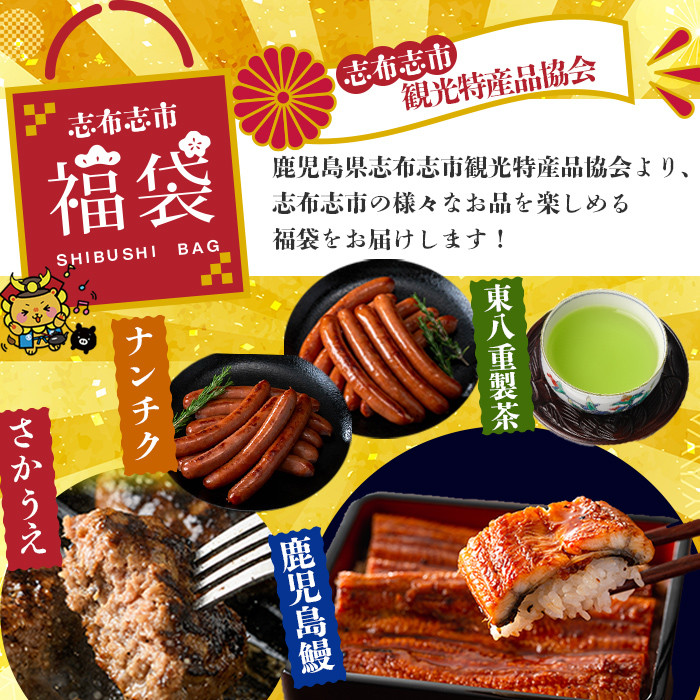 【定期便全3回】志布志市福袋！鰻とお肉のおかず(名水慈鰻2尾＆里山牛ハンバーグ4個＆黒豚MEGUMIウインナー2P＆お茶セット 総計約3kg) t0084-010