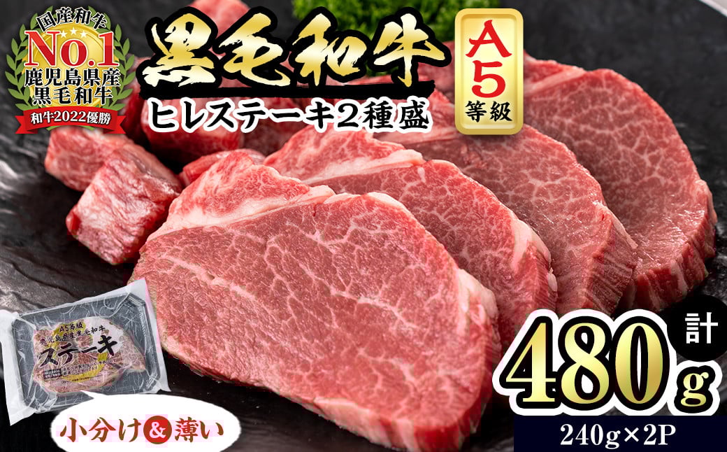 【小分け】＜A5等級＞鹿児島県産黒毛和牛 ヒレステーキ2種盛(240g×2パック/計480g) b6-023