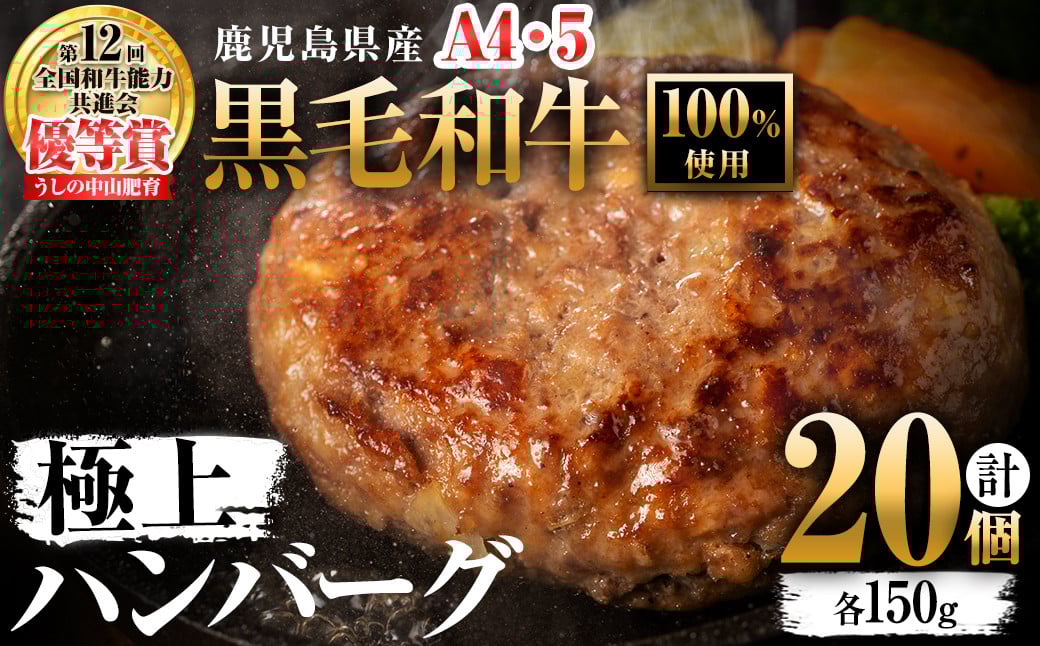 ＜A4・A5等級＞鹿児島県産 黒毛和牛100%使用 極上ハンバーグ(計3kg・150g×20個) c5-034