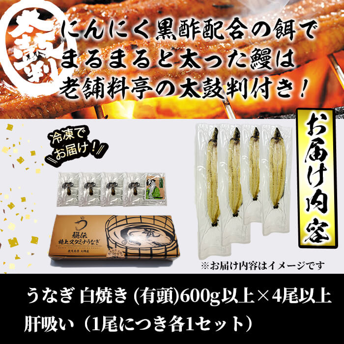 【丑の日までに配送】【訳あり】鹿児島県産！秘伝の特上スタミナうなぎ白焼き＜計600g以上／4尾以上＞肝吸いセット！ c1-014