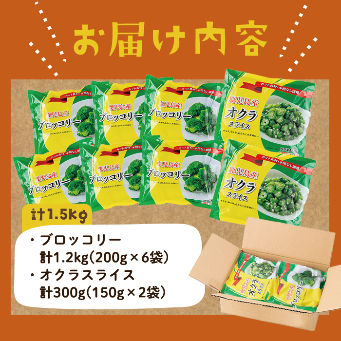 【志布志市制20周年記念】国産冷凍カット野菜（ブロッコリー・オクラスライス）計1.5kg a15-001