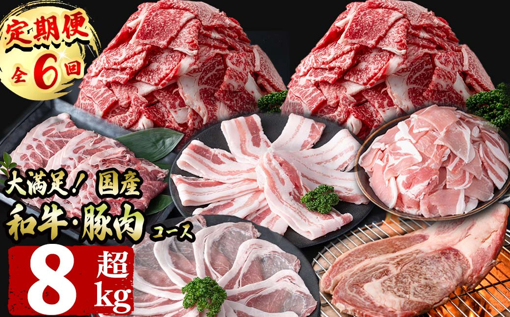 【定期便全6回】大満足！和牛・豚肉定期便(6ヶ月連続・総量8kg以上) t0078-003