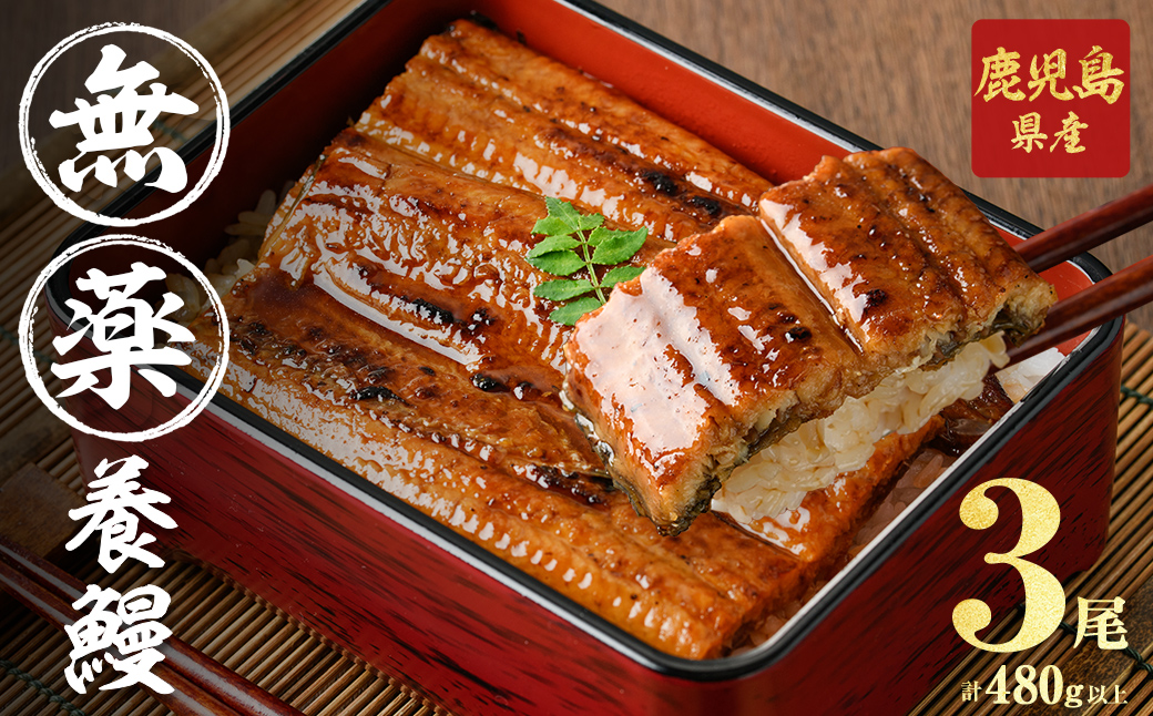 【無薬養鰻】 鹿児島産 山田のうなぎ ＜計480g以上＞（160g以上×3尾） うなぎ 鰻 ウナギ 無薬 養鰻 無投薬 3尾 国産 九州産 蒲焼き かばやき 冷凍 うな重 ひつまぶし タレ 山椒  a6-062