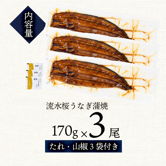 熟練の技が冴える！うなぎの柳澤 流水桜うなぎの蒲焼き3尾(計510g) b2-016