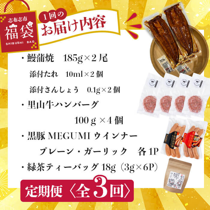 【定期便全3回】志布志市福袋！鰻とお肉のおかず(名水慈鰻2尾＆里山牛ハンバーグ4個＆黒豚MEGUMIウインナー2P＆お茶セット 総計約3kg) t0084-010