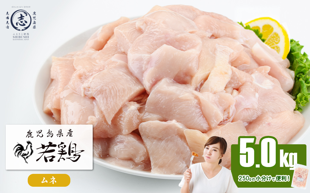 小分けで便利！鹿児島県産若鶏ムネ切身 計5kg(250g×20P) 鶏肉 とり肉 鳥肉 鶏ムネ肉 若鶏 小分け 真空 真空パック 保存 カット カット済 唐揚げ 煮物 鍋 おかず お弁当 a5-372