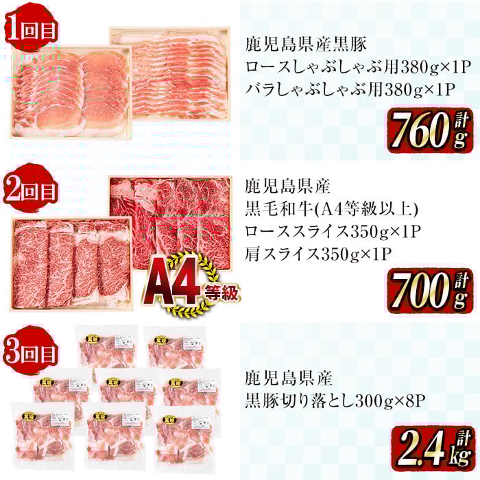 【定期便全6回】黒毛和牛・黒豚を交互にお届け！＜志布志牛・豚 満足定期コース＞計6.3kg超！定期便 牛肉 豚肉 サーロイン スライス 切り落とし 黒豚 ロース 豚ロース 豚バラ しゃぶしゃぶ すき焼き 焼肉 国産 t0100-027