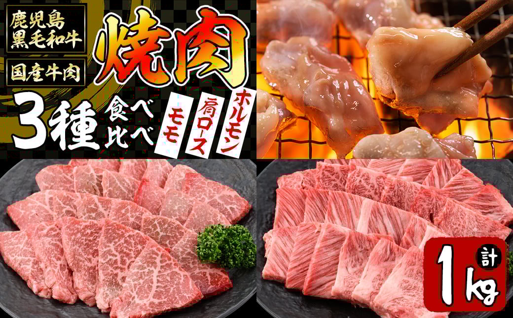 【焼肉3種！食べ比べセット】鹿児島県産黒毛和牛 モモ・肩ロース・国産ホルモンの焼肉3種セット＜計1kg＞ b2-030