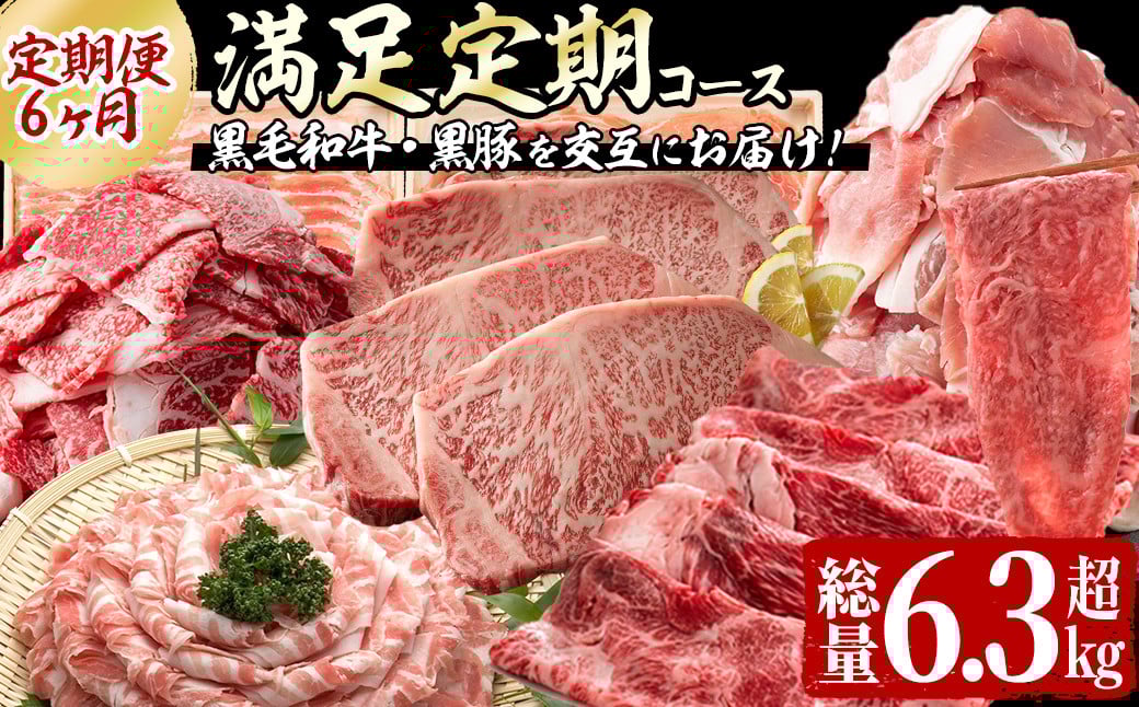 【定期便全6回】黒毛和牛・黒豚を交互にお届け！＜志布志牛・豚 満足定期コース＞計6.3kg超！ t0100-026-02