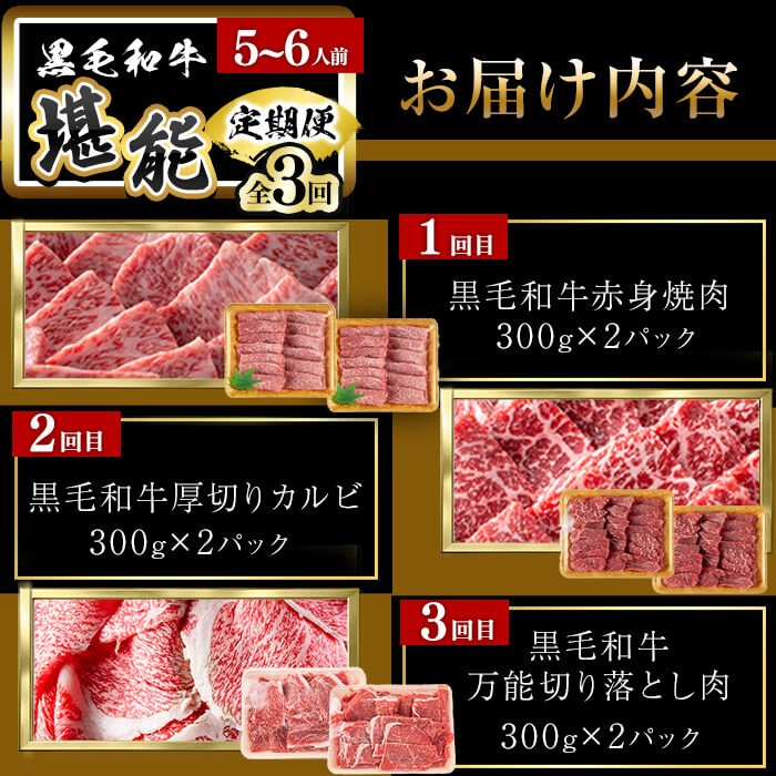 【定期便全3回】＜A4・A5等級＞黒毛和牛堪能〈お試し〉定期便（5〜6人分）総重量1.8kg 鹿児島県産 黒毛和牛 和牛 肉 牛肉 国産 九州産 鹿児島県産 焼肉 焼き肉 BBQ ランキング 人気 A4 A5 赤身 切り落とし カルビ お楽しみ 食べ比べ 5人前 6人前 t0058-003
