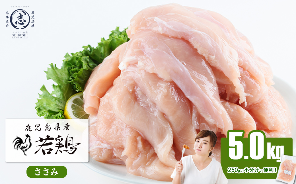 小分けで便利！鹿児島県産若鶏ささみ 計5kg(250g×20P) 鶏肉 とり肉 鳥肉 ささみ 鳥ささみ ヘルシー ダイエット 低カロリー 若鶏 小分け 真空 真空パック 保存 カット カット済 a5-258