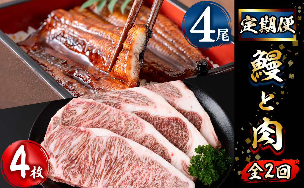 【定期便全2回】鰻と肉の定期便！ステーキ4枚と鰻蒲焼4尾をお届け！ t0054-004