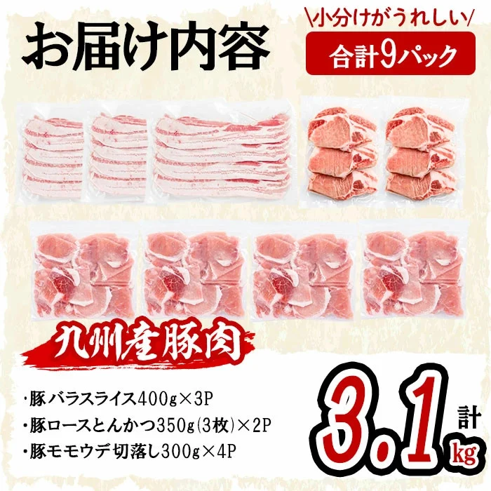 小分け・真空パック!九州産豚肉3種(計3.1kg) a5-319