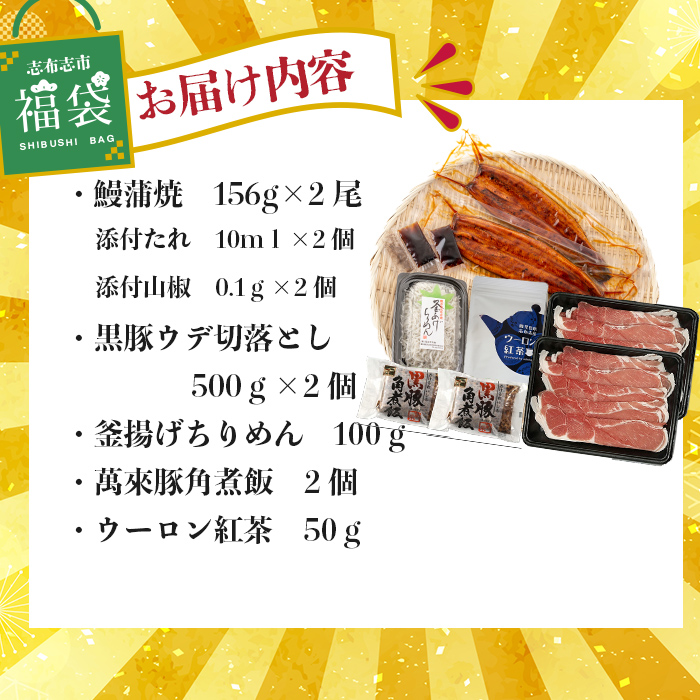 志布志市福袋！鰻とおかずいろいろセット(霧島湧水鰻2尾＆釜揚げちりめん＆黒豚ウデ切り落とし＆ウーロン紅茶＆角煮飯) b8-041