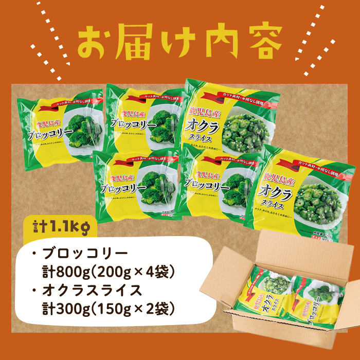 【志布志市制20周年記念】国産冷凍カット野菜（ブロッコリー・オクラスライス）計1.1kg a0-399