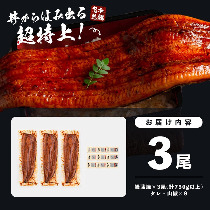 【志布志市制20周年記念】【10営業日以内に発送】【数量限定】鹿児島県産うなぎ蒲焼 名水慈鰻 超特上 3尾(1尾あたり236~270g)＜計750g以上＞ うなぎ 鰻 ウナギ 3尾 国産 蒲焼 かばやき 冷凍 真空 真空パック 無頭 うな重 ひつまぶし タレ 山椒 b2-049