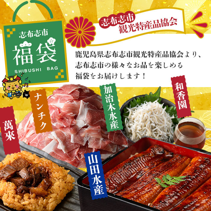 志布志市福袋！鰻とおかずいろいろセット(霧島湧水鰻2尾＆釜揚げちりめん＆黒豚ウデ切り落とし＆ウーロン紅茶＆角煮飯) b8-041