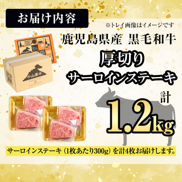 【数量限定】A4・5等級 鹿児島県産黒毛和牛【厚切り】サーロインステーキ 計1.2kg（300g×4枚） j8-001