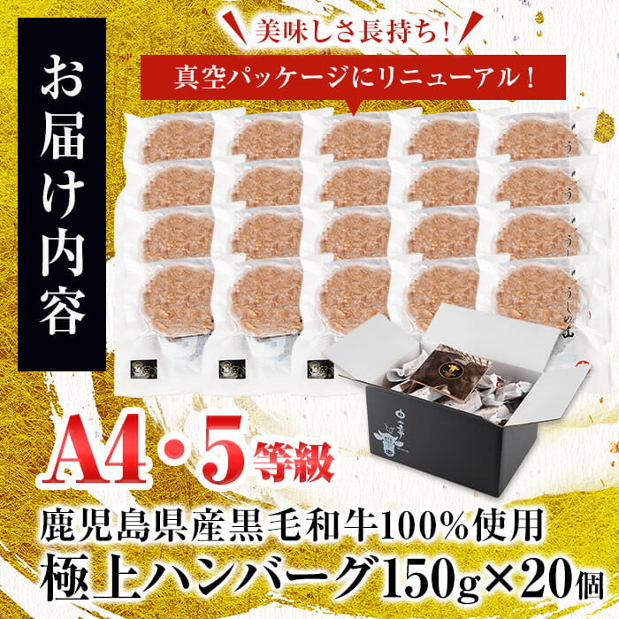 ＜A4・A5等級＞鹿児島県産 黒毛和牛100%使用 極上ハンバーグ(計3kg・150g×20個) c5-034