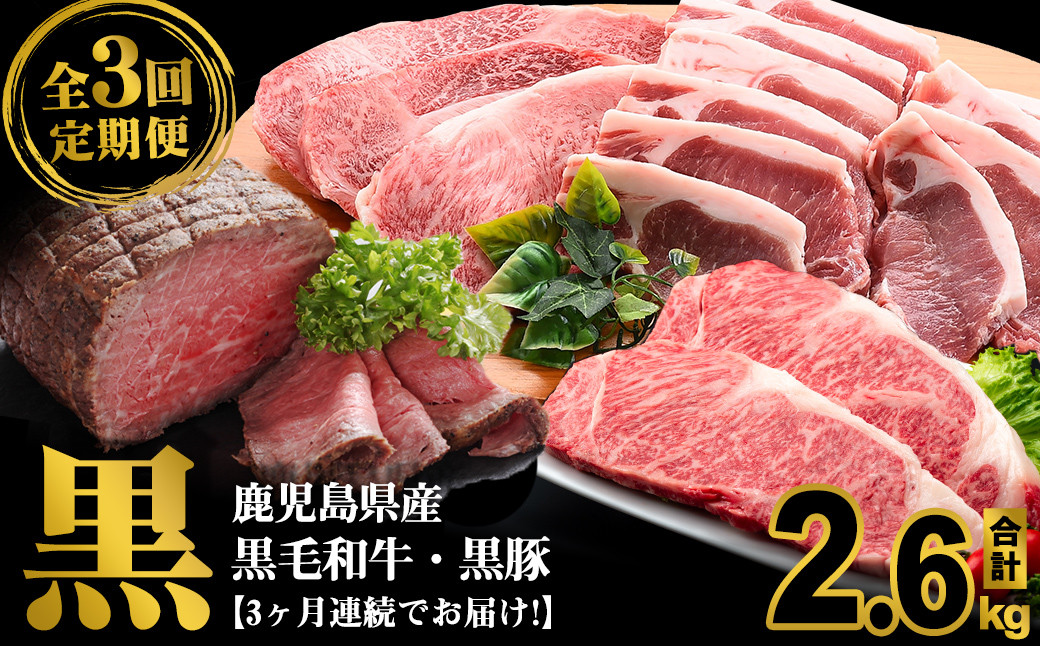 ＜定期便・全3回＞鹿児島県産 黒毛和牛・黒豚を堪能できる定期便(合計2.6kg) t0072-002