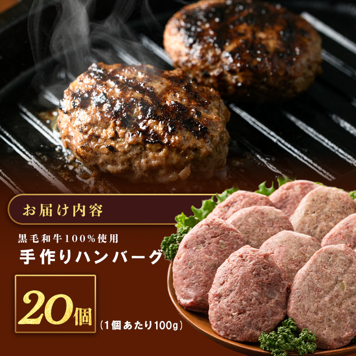 鹿児島県産 黒毛和牛100％！手ごねハンバーグ 2.0kg (100g×20個） 黒毛和牛 和牛 肉 牛肉 牛100% 国産 手ごね ハンバーグ 100% 小分け 惣菜  a5-375