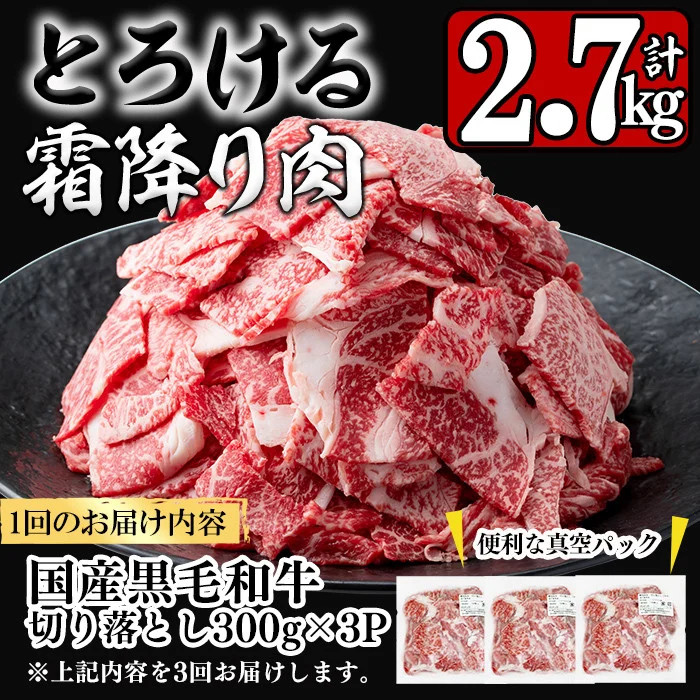 【定期便全3回】国産黒毛和牛切り落とし(計2.7kg) 牛肉 牛 切り落とし 切落し 小間切れ 小分け 真空パック 牛丼 カレー 肉じゃが 炒めもの 真空パック 黒毛和牛 定期便 t0036-007