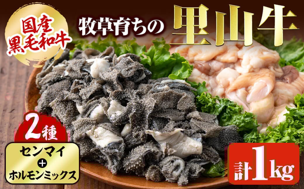 国産黒毛和牛 牧草育ちの里山牛 センマイ・ホルモンミックス計1kg a5-277