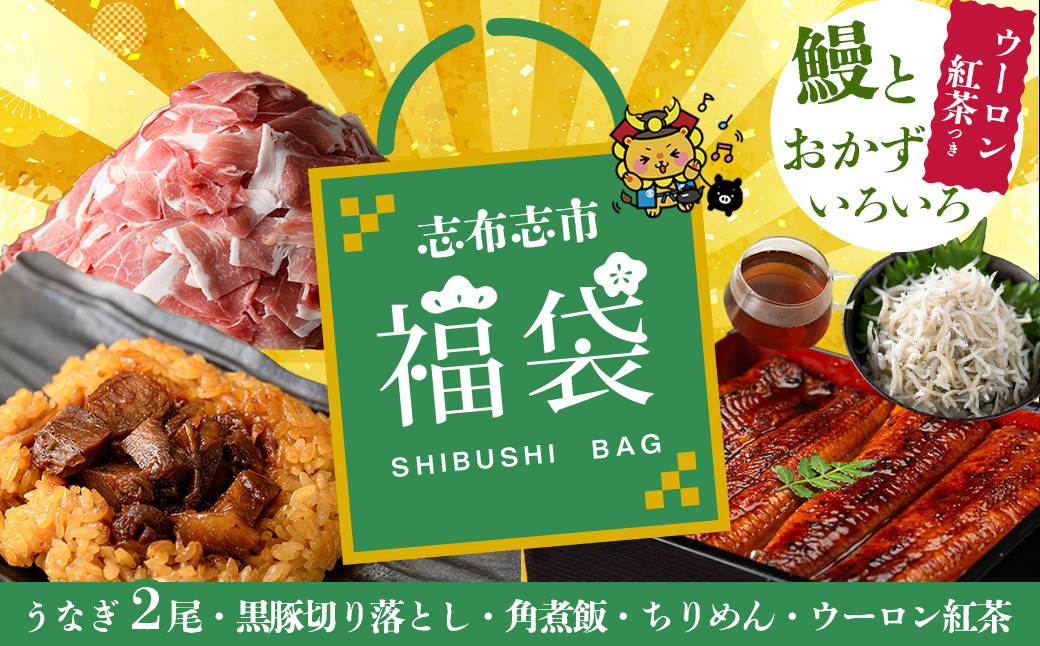 志布志市福袋！鰻とおかずいろいろセット(霧島湧水鰻2尾＆釜揚げちりめん＆黒豚ウデ切り落とし＆ウーロン紅茶＆角煮飯) b8-041