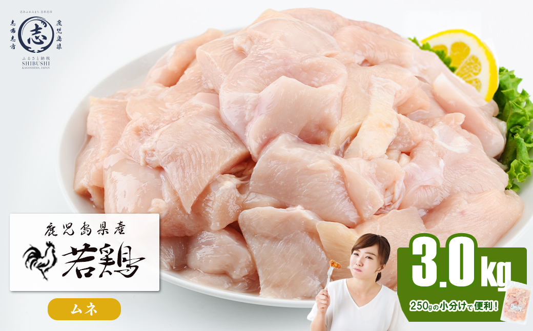 小分けで便利！鹿児島県産若鶏ムネ切身 計3kg(250g×12P) 鶏肉 とり肉 鳥肉 鶏ムネ肉 若鶏 小分け 真空 真空パック 保存 カット カット済 唐揚げ 煮物 鍋 おかず お弁当 a1-167