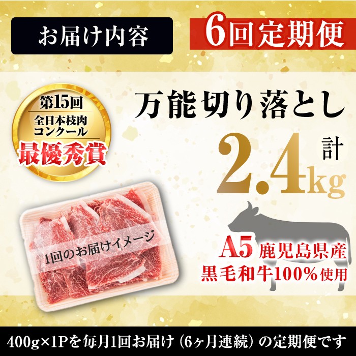【定期便全6回】＜A4・A5等級＞黒毛和牛万能切り落とし肉 計2.4kg(400g×1P・全6回) 黒毛和牛 和牛 切り落とし 肉 牛肉 国産 九州産 鹿児島県産 すき焼き しゃぶしゃぶ 牛丼 小分け A5 日本一 ランキング 人気 定期便 t0072-005?