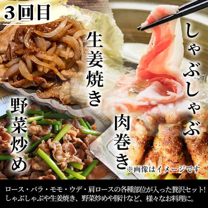 【定期便全3回】九州産 豚肉定期便(3ヵ月連続・毎回2kg以上・計7.7kg以上) 定期便 お楽しみ 頒布会 国産 肉 豚肉 豚バラ ロース 冷凍 小分け すき焼き しゃぶしゃぶ 豚しゃぶ ランキング 人気 とんかつ トンカツ t0040-013-03